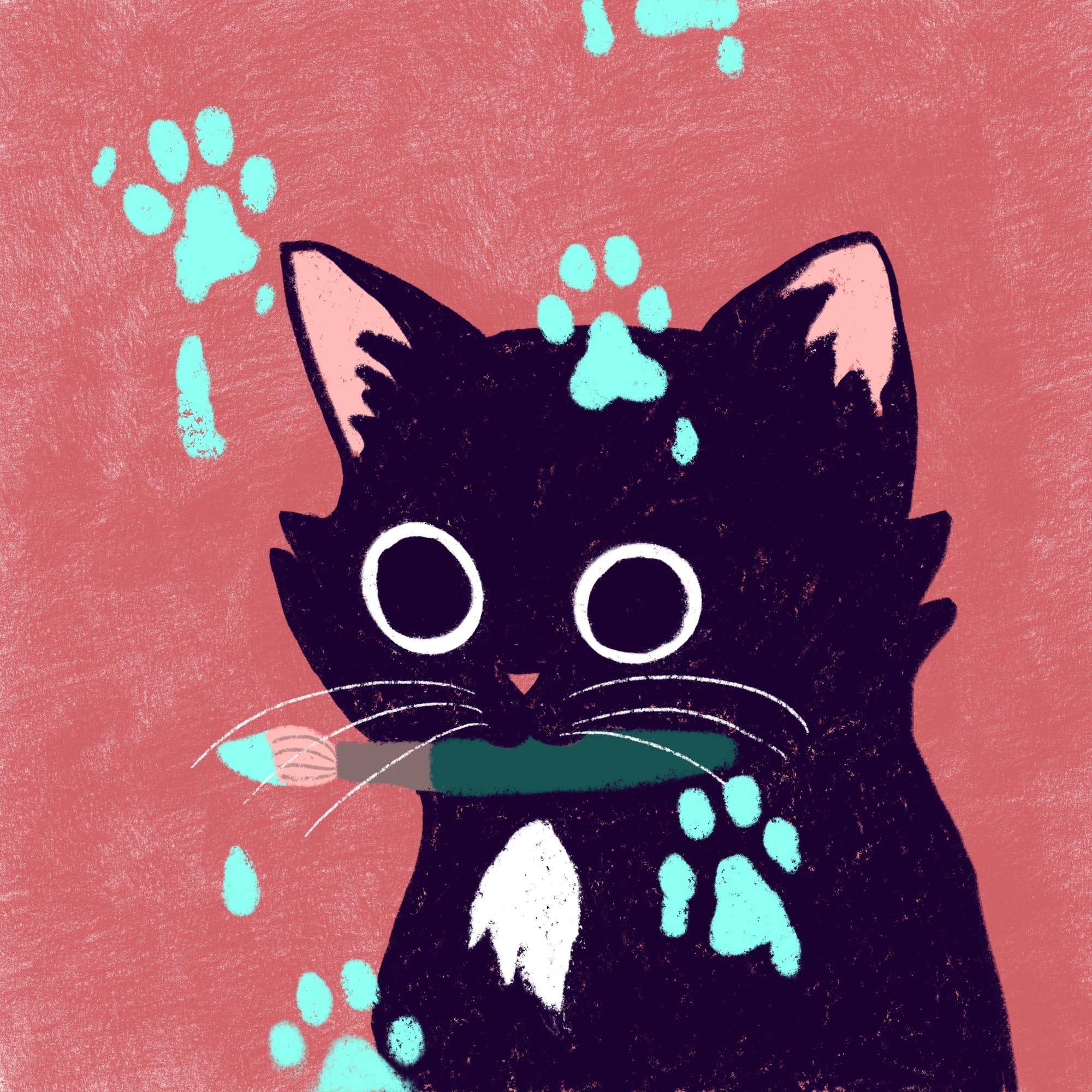 Black cat on muted red background, holding paintbrush with mint paint. Mint colored paw prints are splashed across the image.