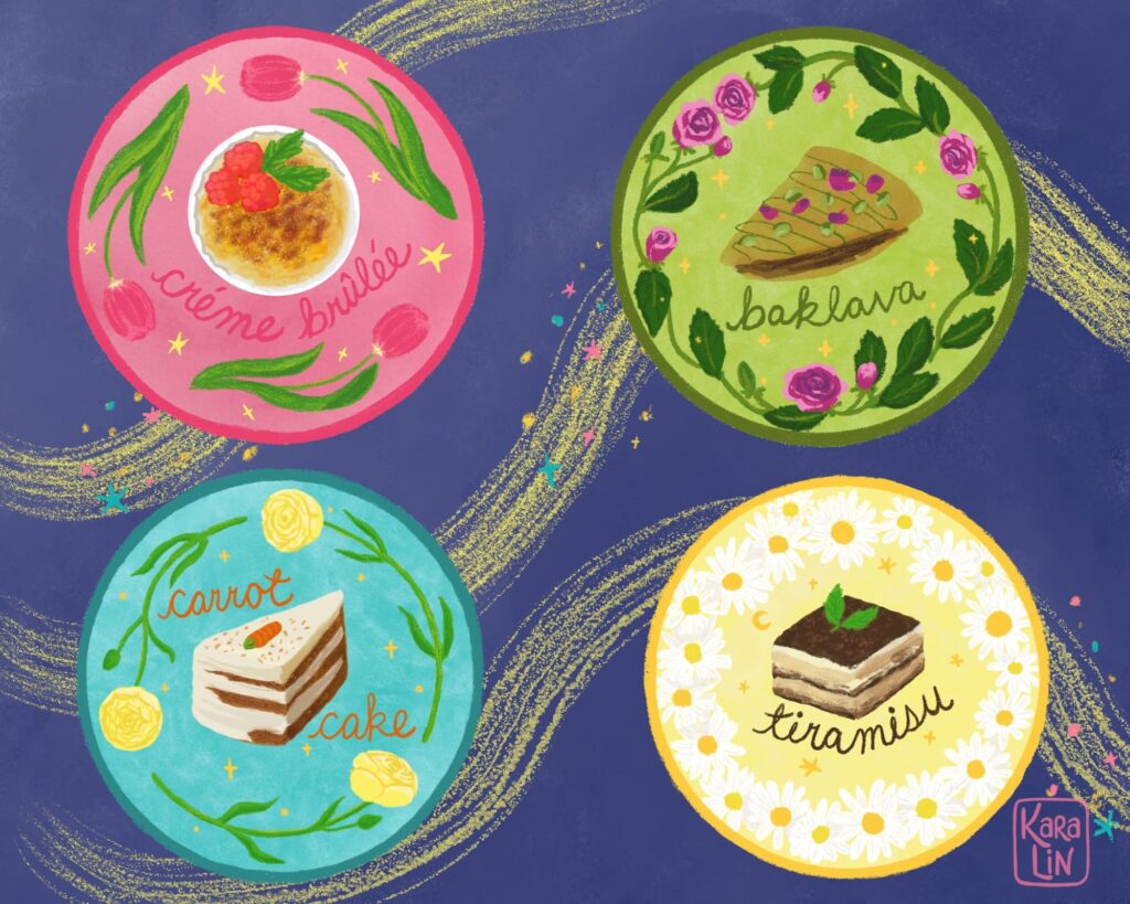 Dessert plate collection featuring desserts and florals