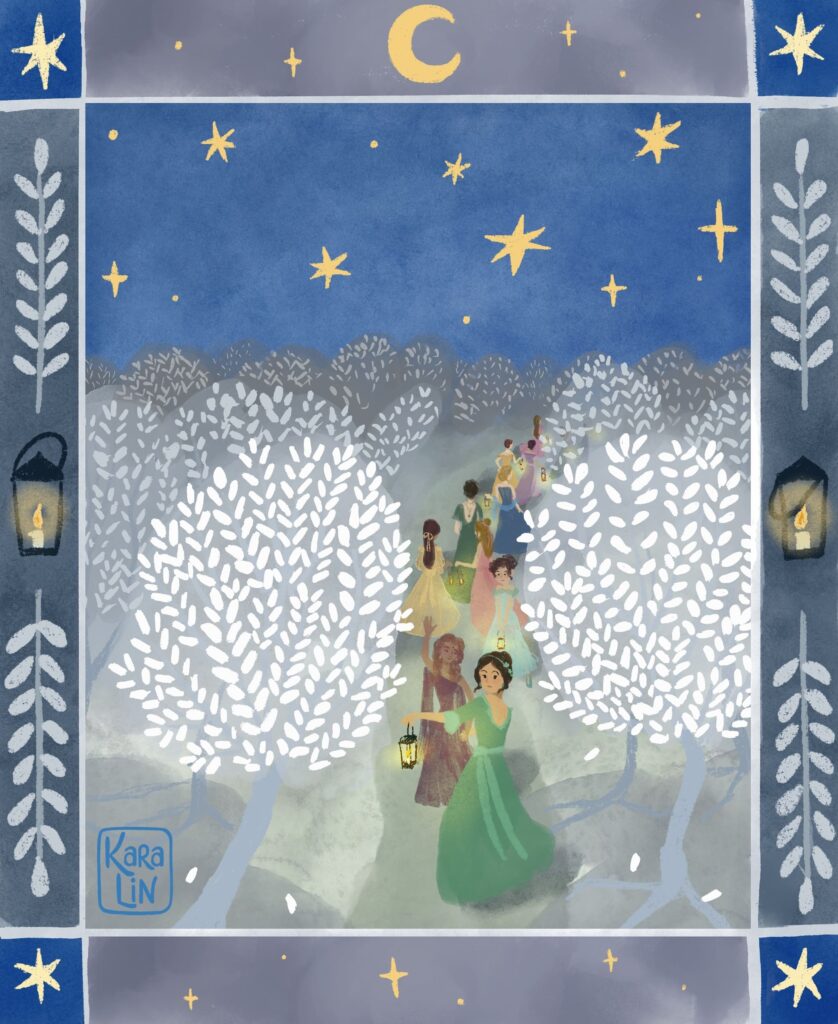 Twelve princesses walking along an enchanted path with silver trees. The youngest princess looks over her shoulder.