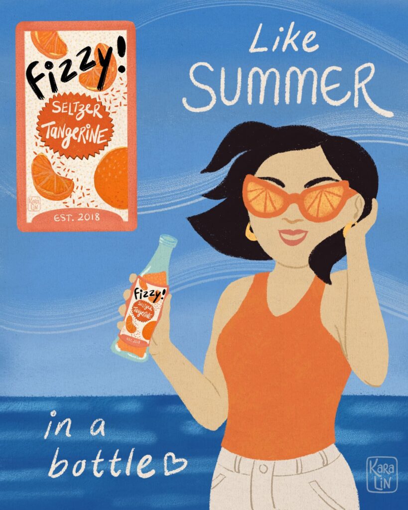 Woman holding seltzer tangerine soda in front of water and sky background. Text says "Like Summer in a bottle". Full label shown in upper left corner