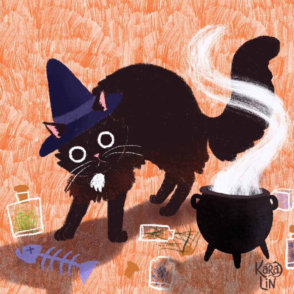 Black cat with witch hat on orange background, with steaming cauldron and paraphernalia scattered around